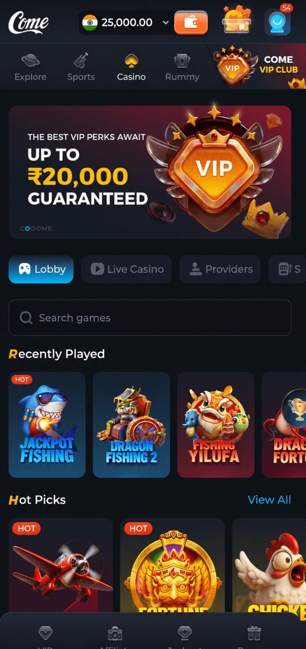 Come app home screen on an Android phone, showing the lobby and game tabs